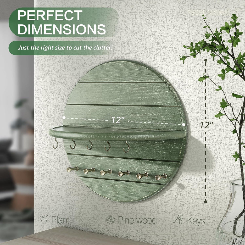 Rebee Vision Round Key Holder Wall Mount with 11 Hooks for Hallway, Green