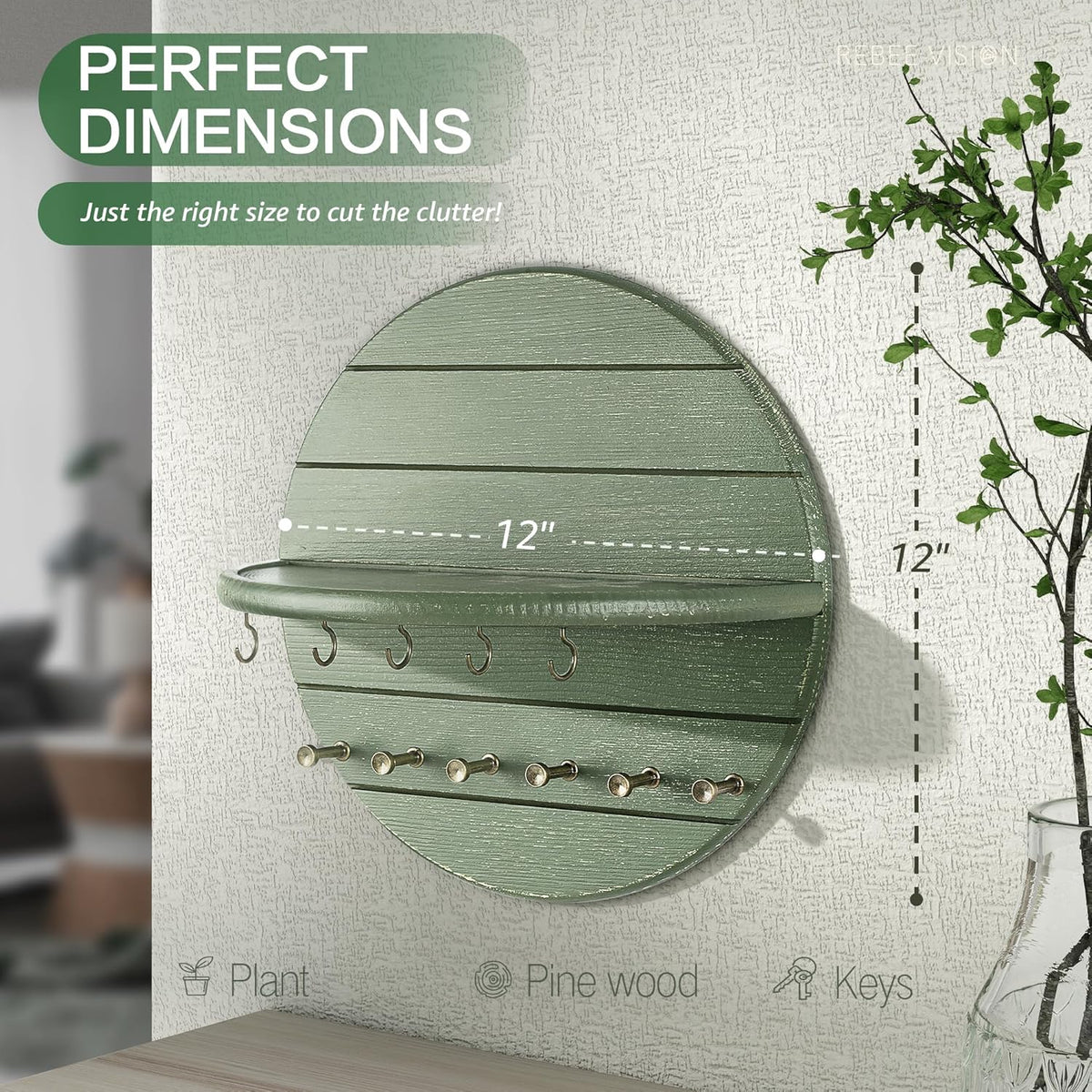 Rebee Vision Round Key Holder Wall Mount with 11 Hooks for Hallway, Green