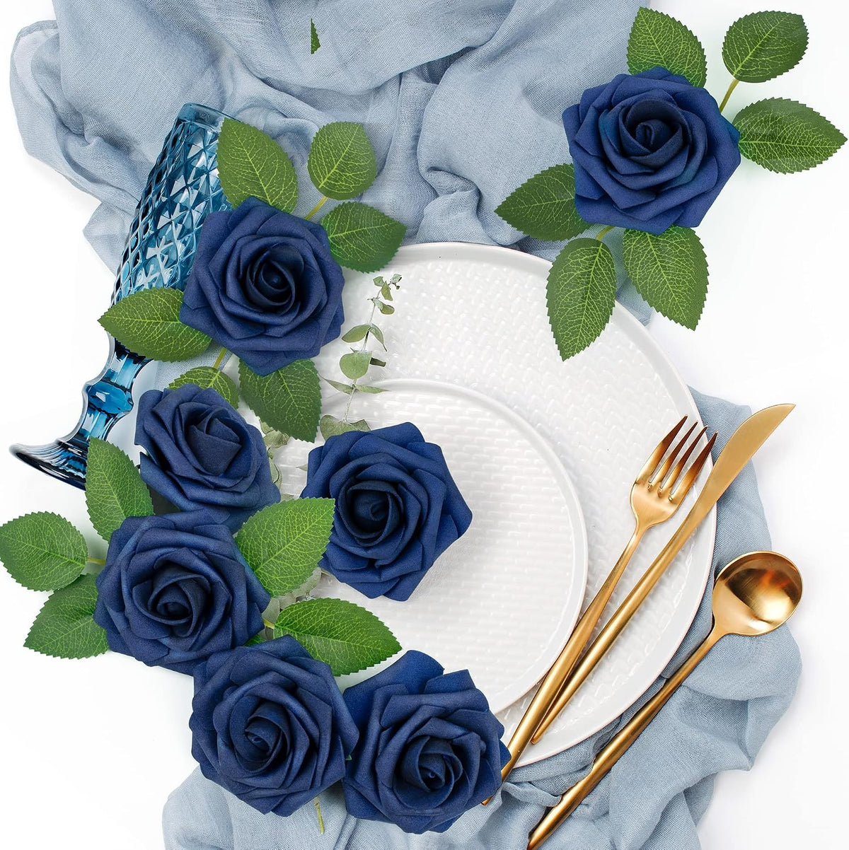Mocoosy 50Pcs Roses Artificial Flowers, Navy Blue Fake Roses for Decorations, Real Touch Foam Rose Bulk with Stems DIY Wedding Bouquet Bridal Shower Centerpieces Floral Arrangement Party Table Decor