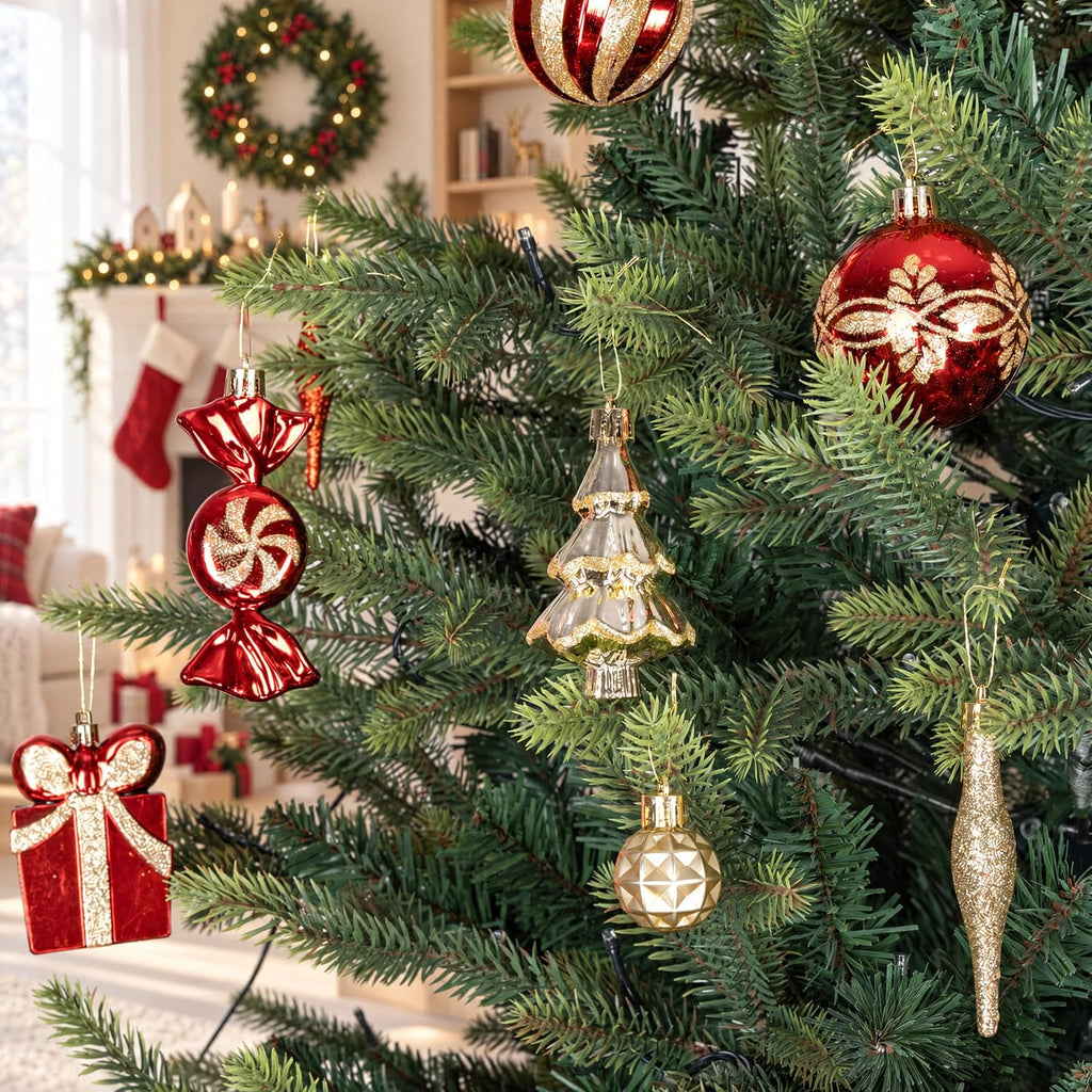 46PCS Christmas Ornament Set, Red and Gold Christmas Tree Decor