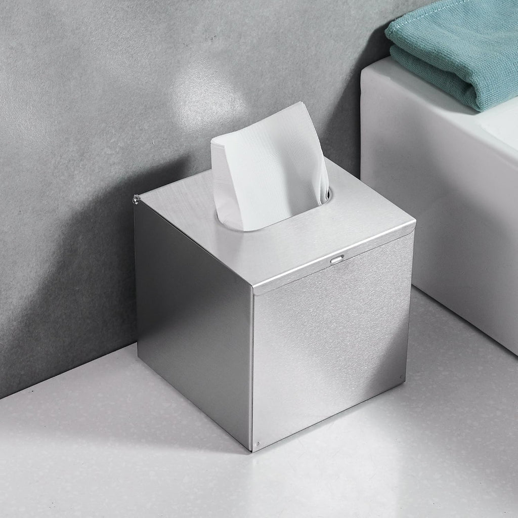 JunSun Square Tissue Box Cover Tissue Box Holder Napkin Holder Tissue Cube Box Decorative Holder For Bathroom Bedroom Office Dresser Nightstand Desk Tabletop 5"X 5" X 5"-Stainless Steel Brushed Nickel