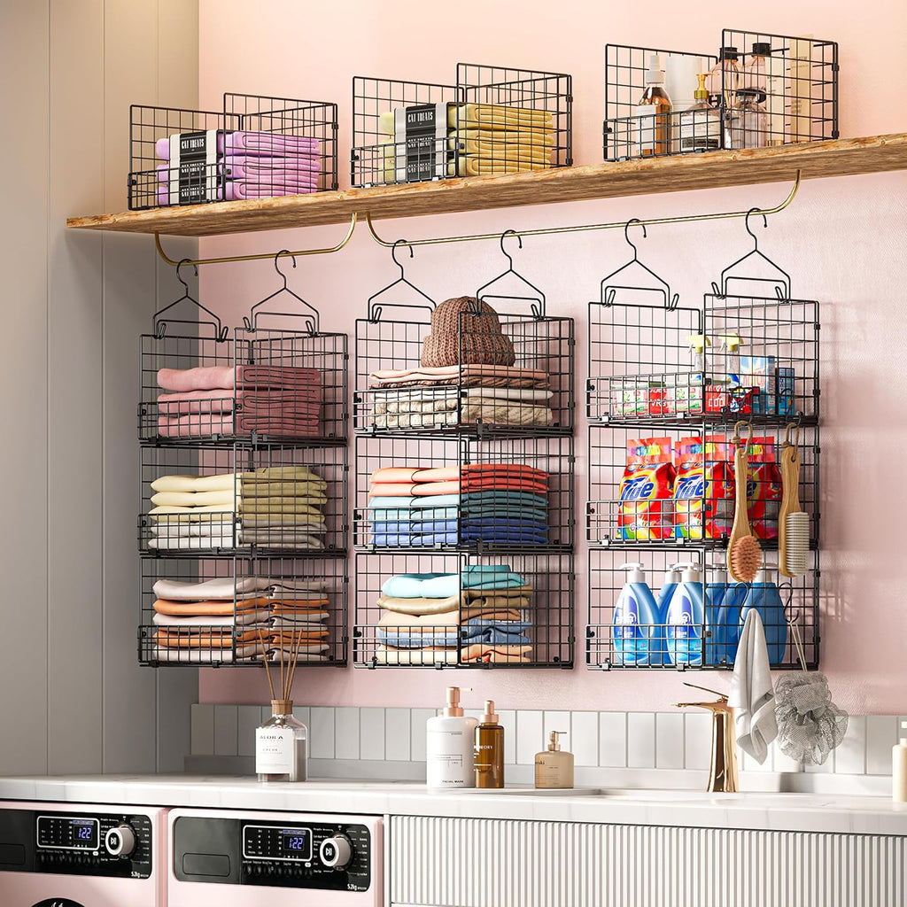 Sonyabecca 3-Tier Closet Organizers and Storage, Foldable Stackable Wire Basket Bins with 5 S Hooks, Space-Saving Hanging Closet Shelf for Clothing, Sweaters, Handbags, Hats,Purse