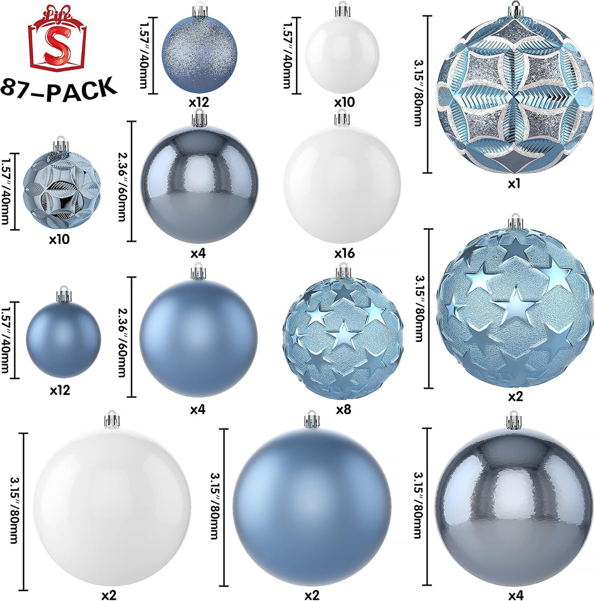 87ct Christmas Ball Ornaments Set Shatterproof Seasonal Hanging Decorations with Reusable Hand-held Gift Package for Xmas Tree Holiday Party and Home Decor, Airy Blue