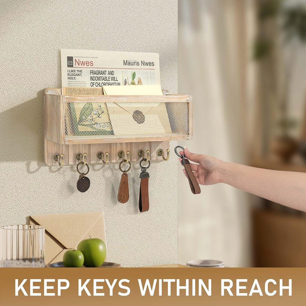 Rebee Vision Key Holder Wall Mount with Mail Basket for Home, Natural Wood