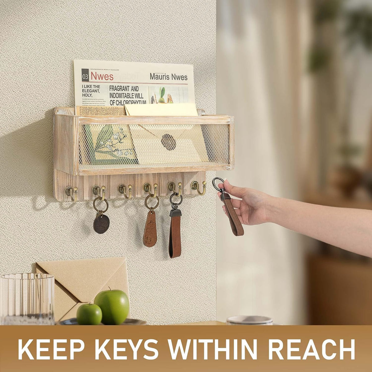 Rebee Vision Key Holder Wall Mount with Mail Basket for Home, Natural Wood