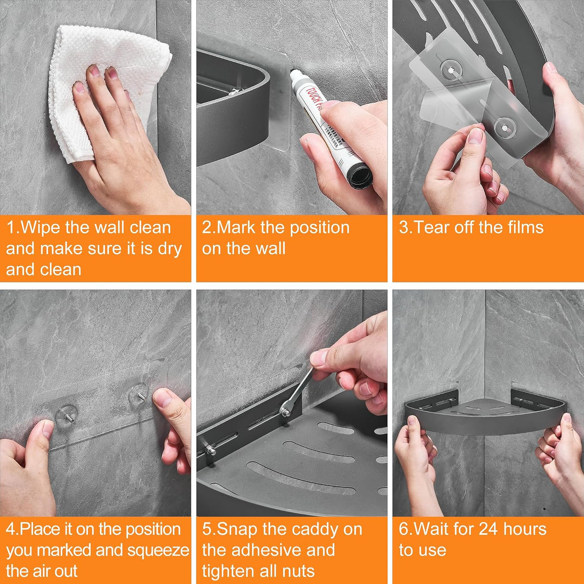 DUFU Adhesive Corner Shower Caddy with Hooks, Grey, 2 Pack