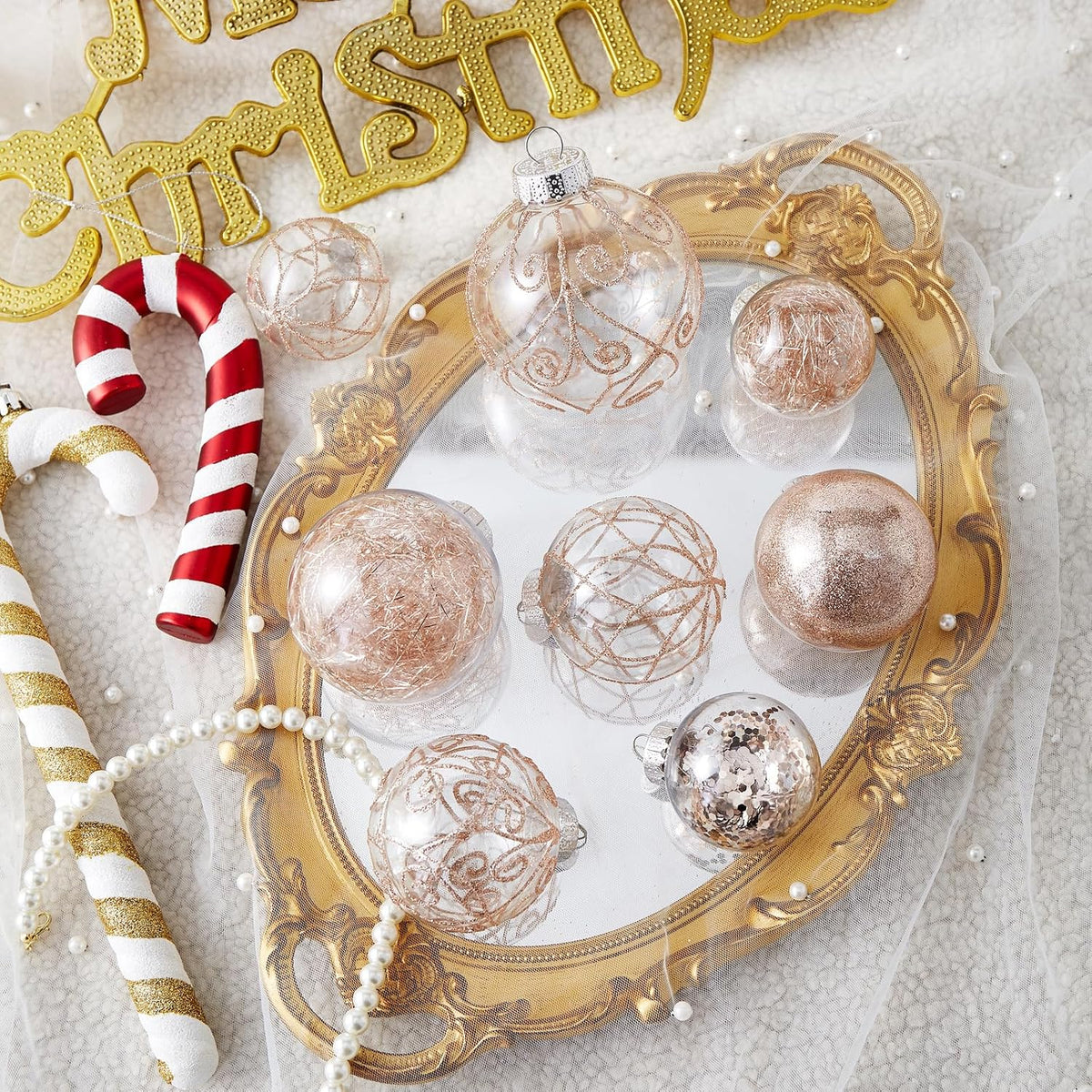 Wironlst Christmas Ball Ornaments Shatterproof Clear Large Plastic Hanging Ball Decorative Baubles Set with Stuffed Delicate Decorations (Multi-Size, Rose Gold)