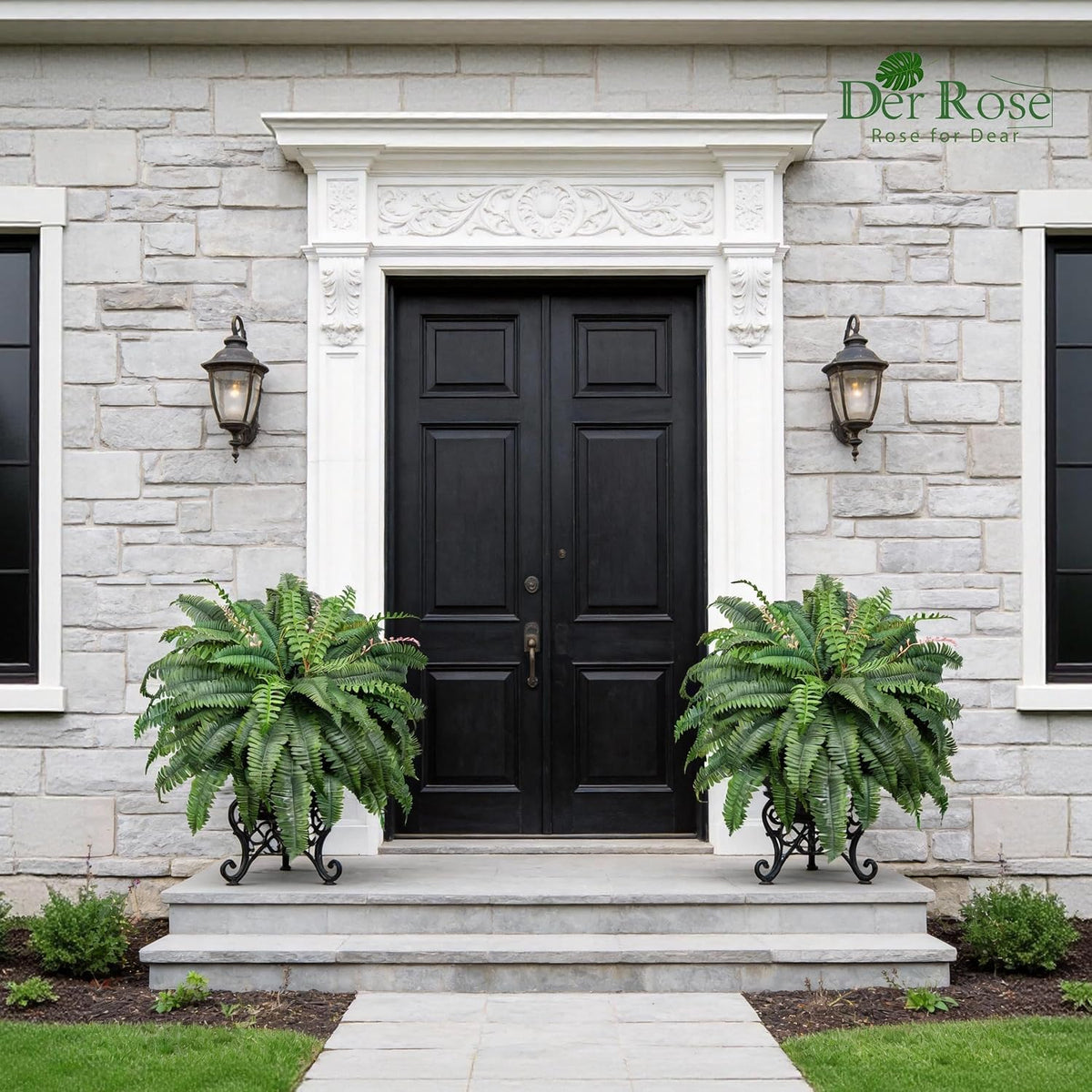 Der Rose 49 inch 96 Leaves Fake Ferns Large, UV Resistant Artificial Plants Outdoors Faux Boston Fern Plants for Porch Home Patio Hanging Decor