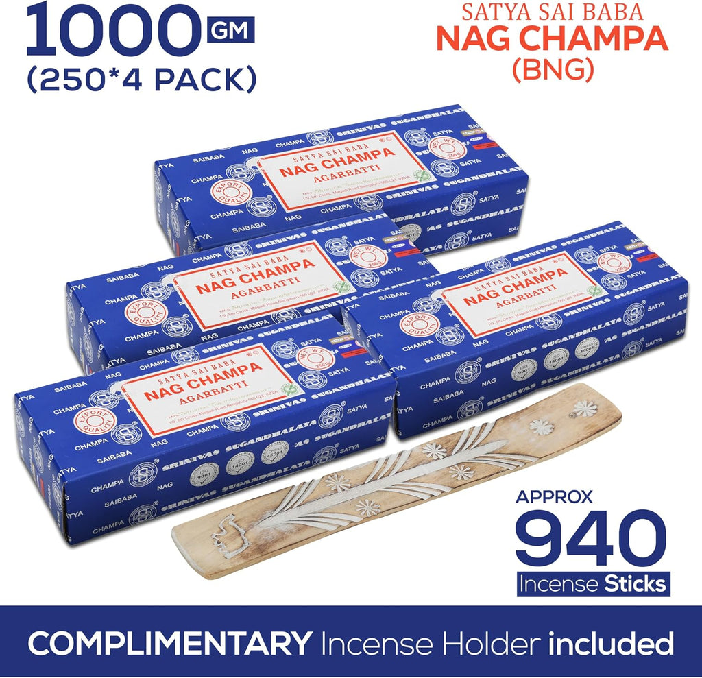 Satya Nag Champa Incense Sticks Bangalore- 250gm x 4 Pack (1000gm) Bundle Natural Hand Rolled Non-Toxic Nagchampa BNG Insense Set with Raajsee Insence Stick Holder for Meditation, Yoga & Joss Sticks