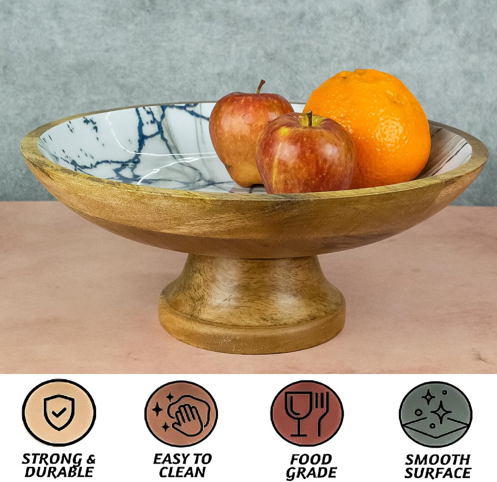 HOMORA Wood Fruit Bowl or Decorative Pedestal Bowl for Table Décor, for Kitchen Counter, Detachable Base,12-inch Large Bowls,Mango Wood (BLUE MARBLE), christmas, thanksgiving, new year
