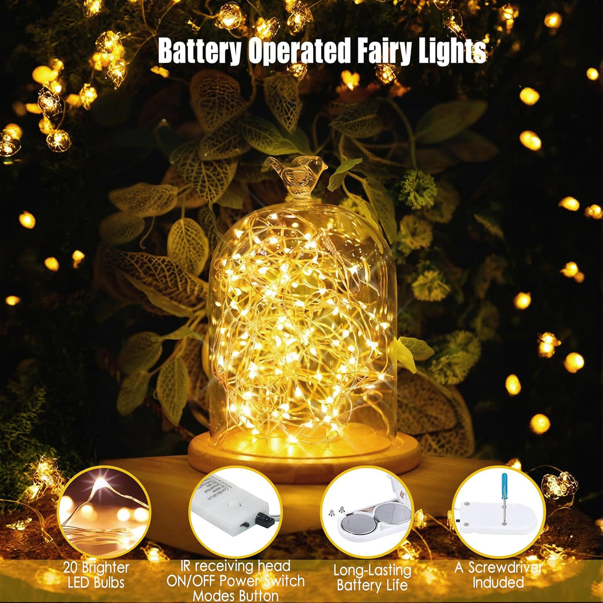 6 Pack Fairy Lights Battery Operated With Timer,2 Remotes,20 LED Warm White