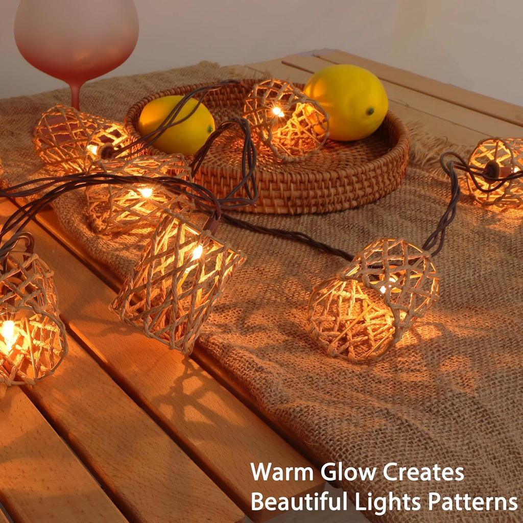 Decorative String Lights Plug in with 10 Incandescent Bulbs, Handwoven Rattan Cylinder-shaped Boho Lantern String Lights Connectable Weatherproof Outdoor Indoor for Bedroom Patio Pergola Decor (Beige)