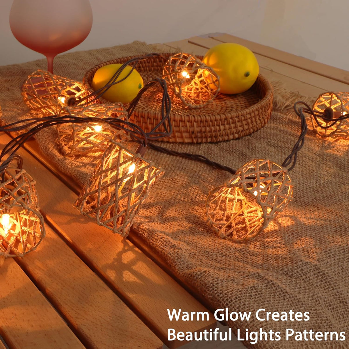 Decorative String Lights Plug in with 10 Incandescent Bulbs, Handwoven Rattan Cylinder-shaped Boho Lantern String Lights Connectable Weatherproof Outdoor Indoor for Bedroom Patio Pergola Decor (Beige)