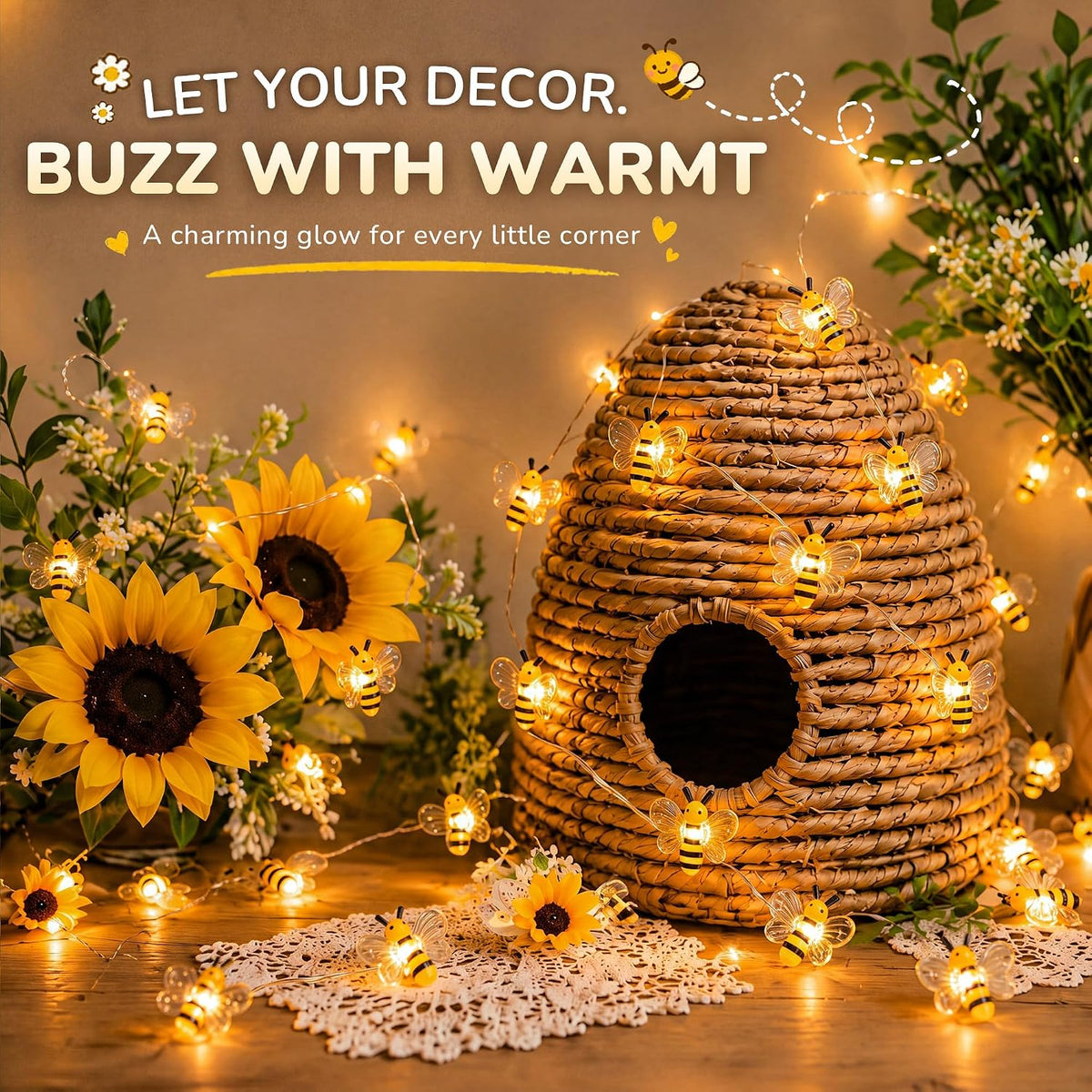 Mudder 1 Pack Honey Bee String Lights, 10FT 30LEDs with 8 Modes & Timer
