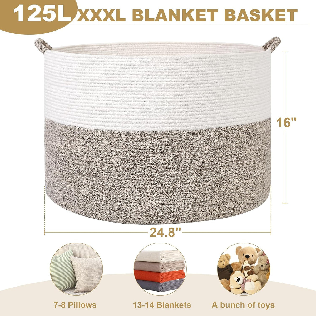 XXXXL 125L Extra Large Blanket Basket, 24.8" x 16" Jumbo Woven Basket (Includes 2 Cute Baskets), Cotton Rope Basket with Handle for Living Room, Baby Toys Nursery, Laundry (White/Gradient Brown)