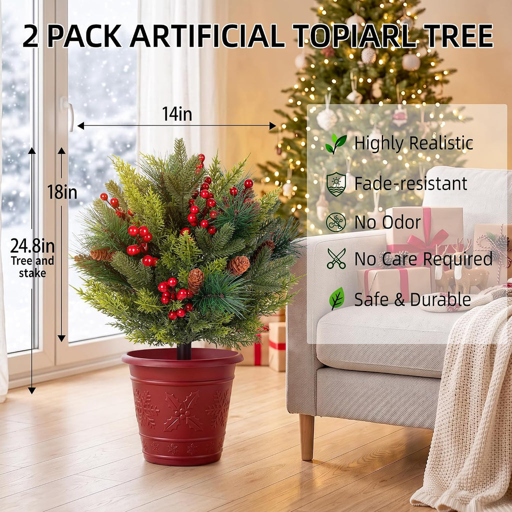 Artificial Christmas Cypress Topiary Shrubs, Faux Greenery Ball Bush for Christmas Indoor and Outdoor Decor,24.8" Fake Tree with Ground Spike,UV Resistant Plants for Front Porch, Patio Decor,Set of 2