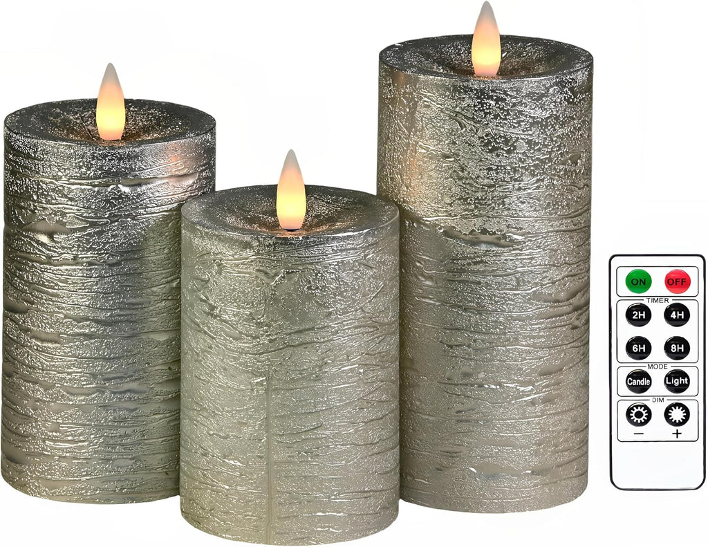 Shiny Metallic Silver Flameless Pillar Candles, Patented 3D Realistic Moving Flickering Flame with Remote Timer, Battery Operated 400hrs for Wedding, Holiday, Party, Decor, Gift(Set of 3)