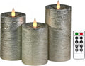 Shiny Metallic Silver Flameless Pillar Candles, Patented 3D Realistic Moving Flickering Flame with Remote Timer, Battery Operated 400hrs for Wedding, Holiday, Party, Decor, Gift(Set of 3)