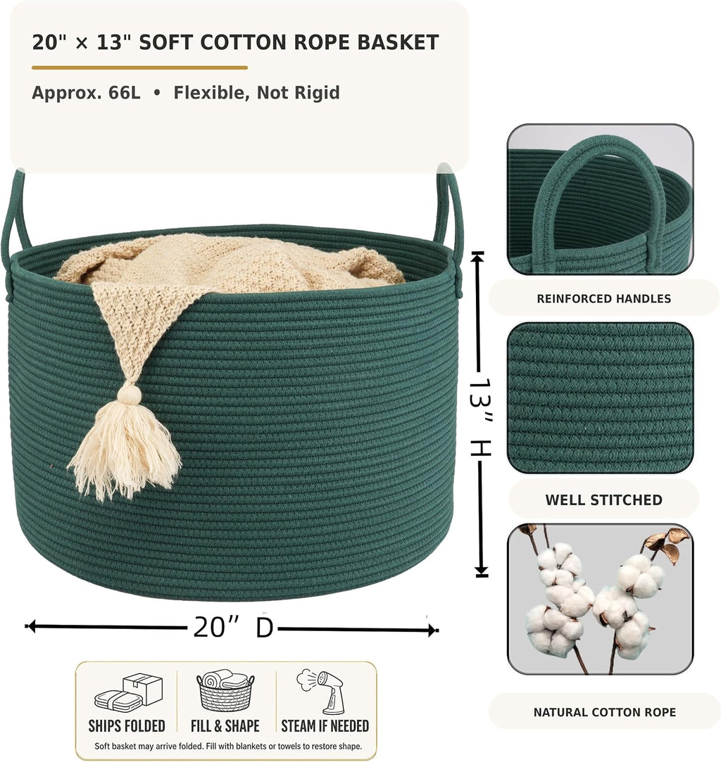 XUANGUO 66L Large Blanket Basket, Round Cotton Rope Basket, Dark Green