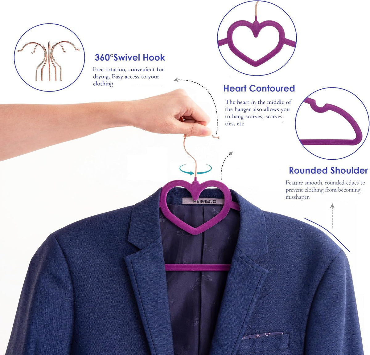 Velvet Hangers 20 Pack, 16" Non Slip Heart Hanger, 360° Swivel Rose Gold Hooks, Durable & Cute Hangers for Adult (Dark Purple)