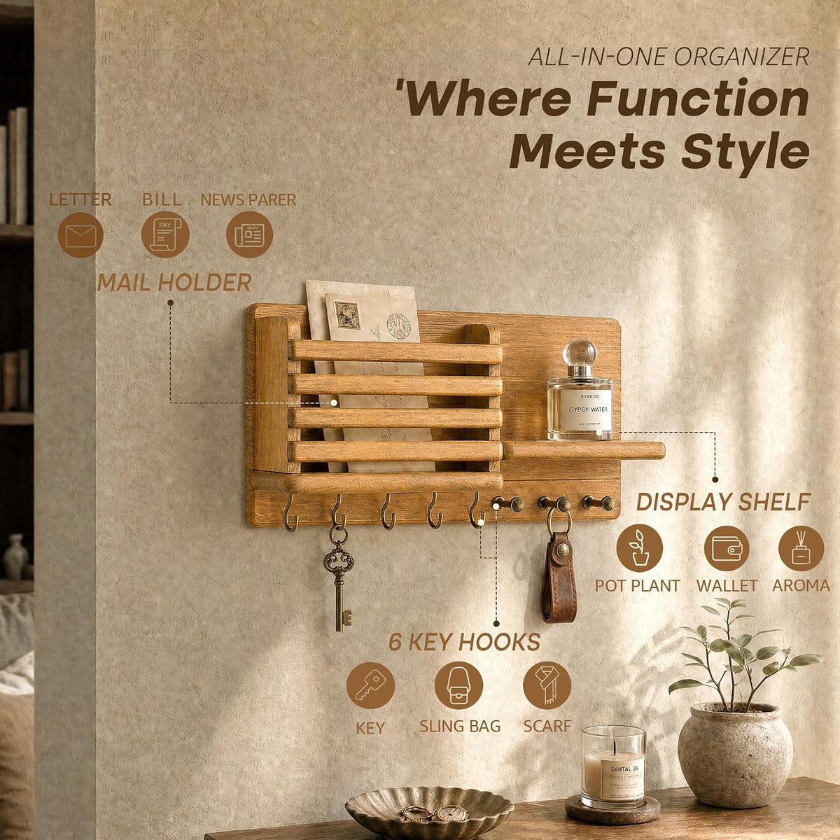 Rebee Vision Key Holder Wall Mount with Mail Slot for Home Decor, Yellow
