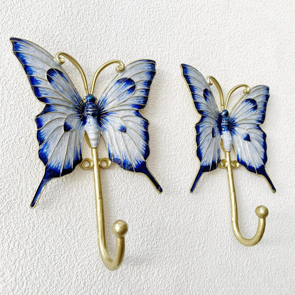 Vintage Butterfly-Shaped Decorative Wall Hooks, 2 Pack Hand-Painted Blue Butterfly Metal Wall Hook Rack Hangers for Hanging Coats, Clothes, Keys, Hats, and Towels