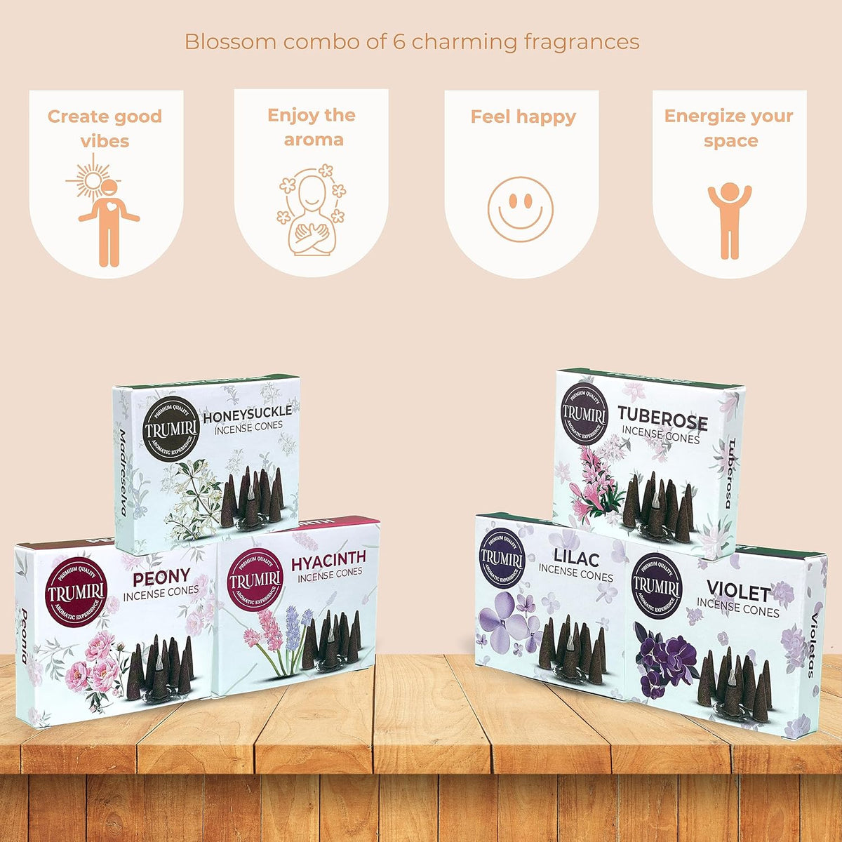 TRUMIRI Blossom Incense Cones - Variety Pack - Total 60 Cone Incense (6 Scents x 10 Conos) - Peony, Lilac, Violet, Honeysuckle, Hyacinth, Tuberose - Cone Incense Scents - Insense Cones - Incent Cone