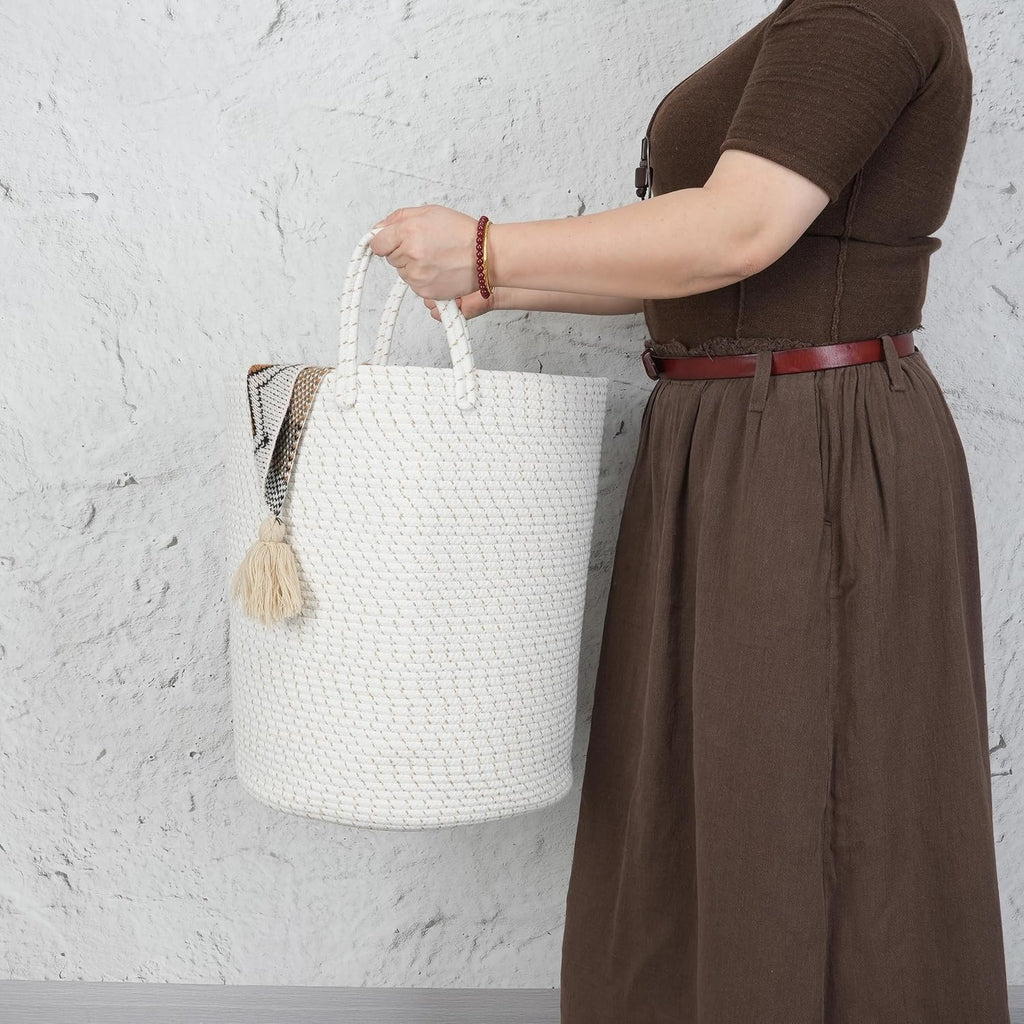 XUANGUO Cotton Rope Laundry Basket Hamper for Clothes, striped