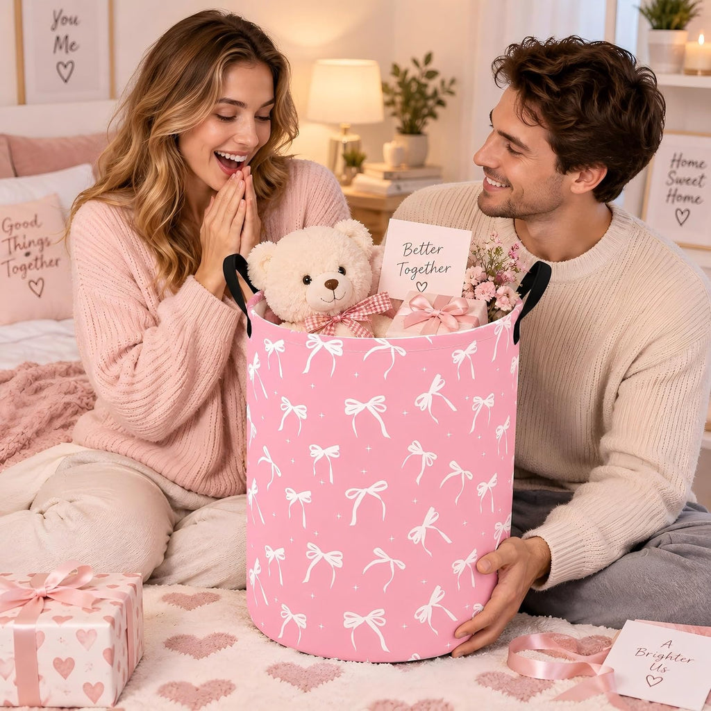 Pink Bow Cute Laundry Basket, Round Laundry Hamper with Handles, Foldable Cotton Linen Storage Bin for Girls Bedroom, Dorm Room, Nursery, Closet, Clothes and Toys