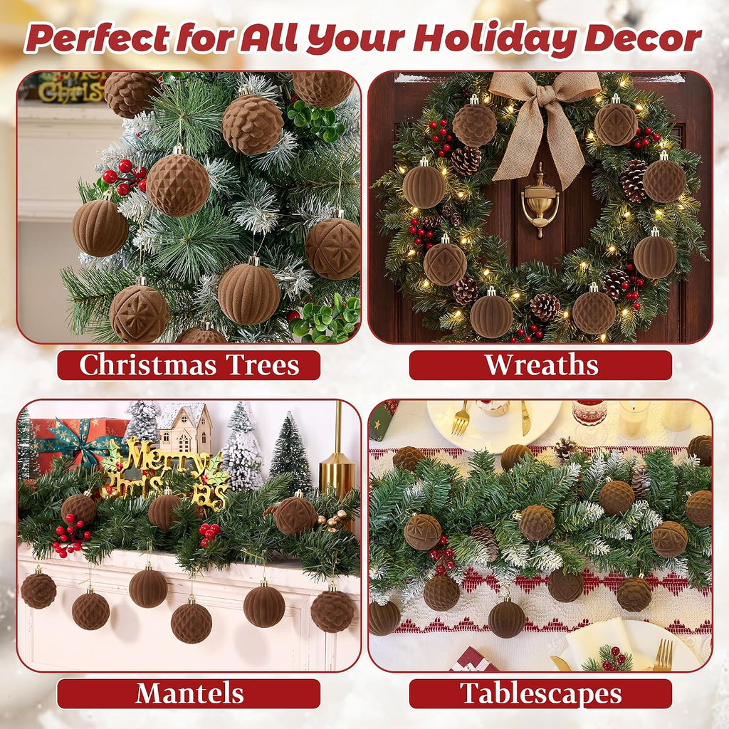 BLEUM CADE 16Pcs Brown Velvet Shatterproof Christmas Ball Ornaments