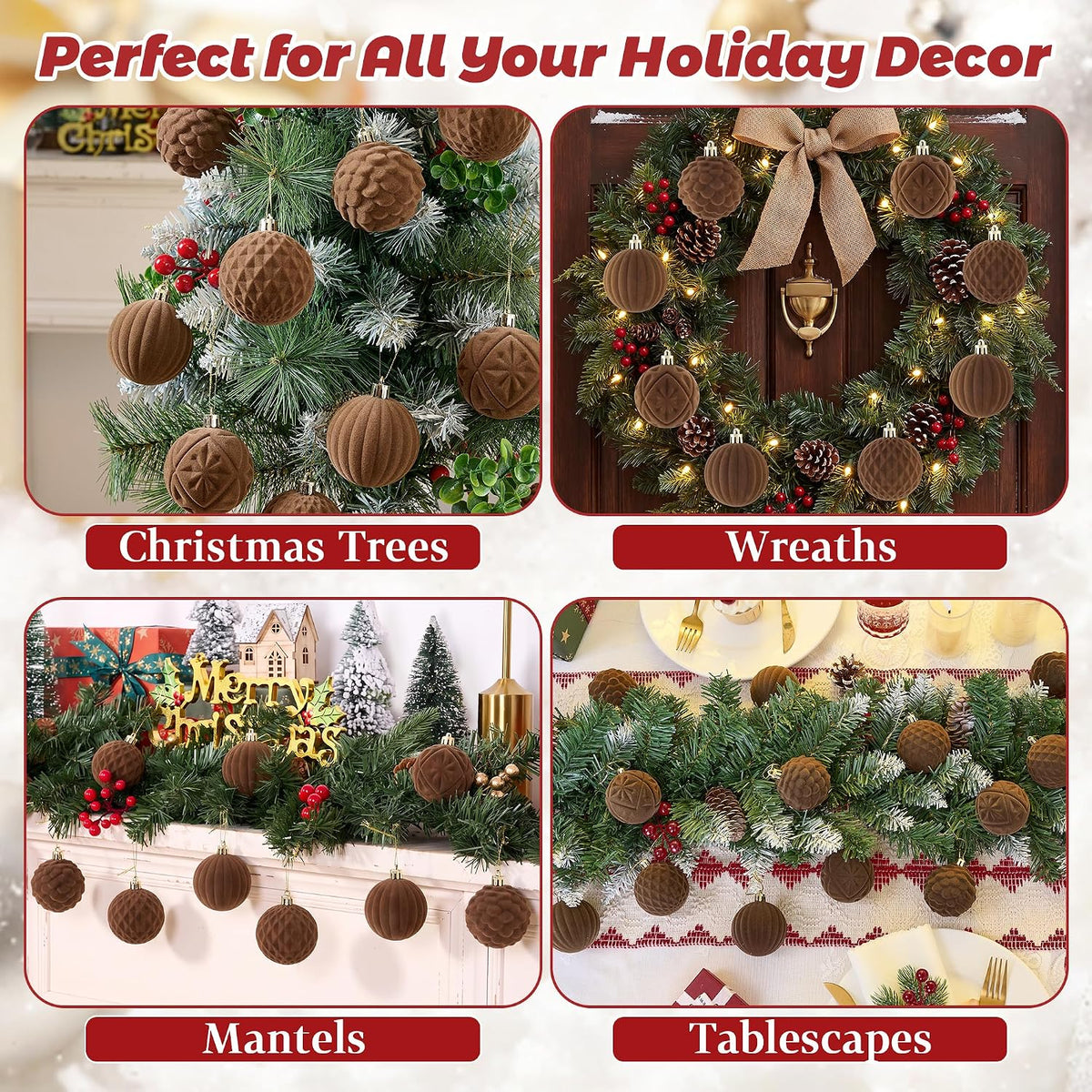 BLEUM CADE 16Pcs Brown Velvet Shatterproof Christmas Ball Ornaments