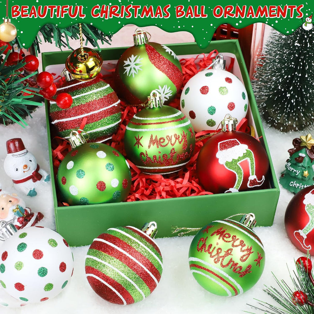 24Pcs 2.4 Inch Christmas Ball Ornaments for Tree, Glittering Red Green White Elf Bulbs Set for Christmas Tree Decorations, Plastic Shatterproof Hanging Ornament Xmas Baubles for Home Party Decor