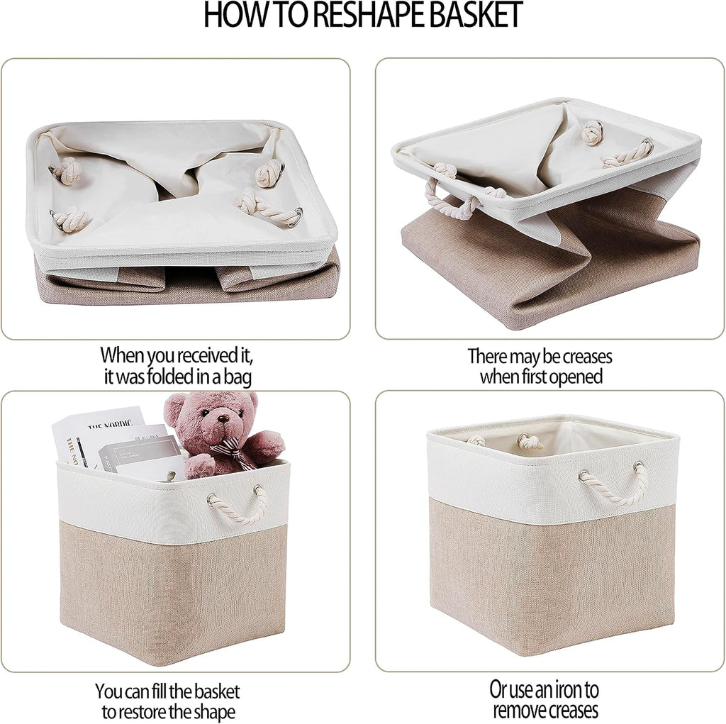MidmmVick 13 x 13 Inch Cube Storage Bins, 4 Pack Large Collapsible Fabric Storage Bin with Ropes, Foldable Storage Cubes for Home, Office,Closet, Clothes, Toys Organizer (White & Beige)