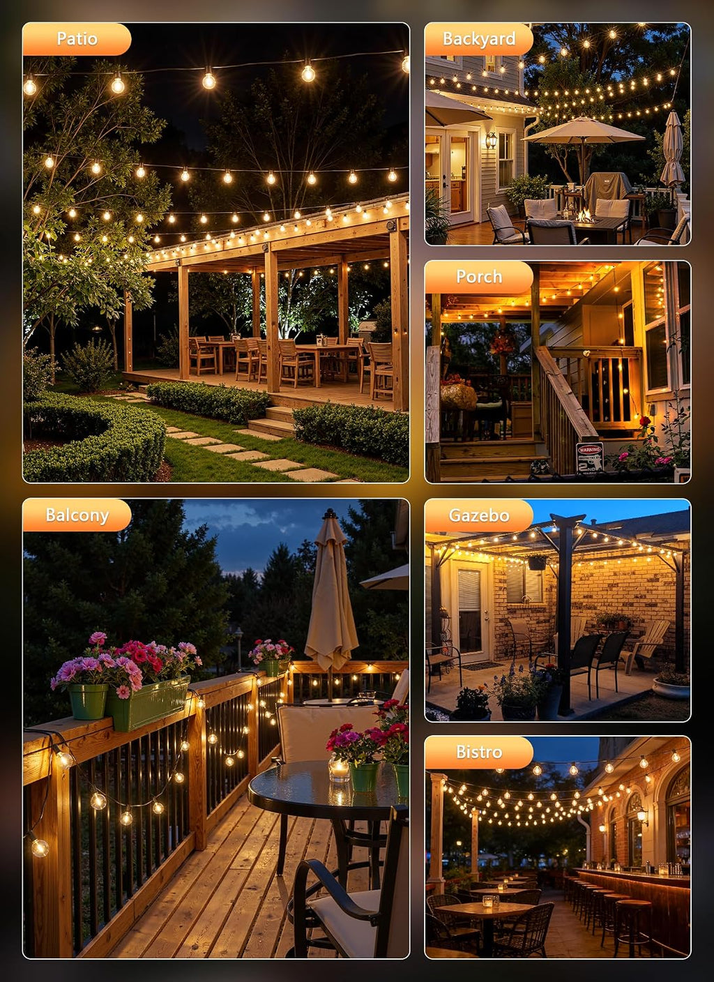 100Ft Outdoor String Lights with Remote, Dimmable G40 LED Bulbs, Waterproof