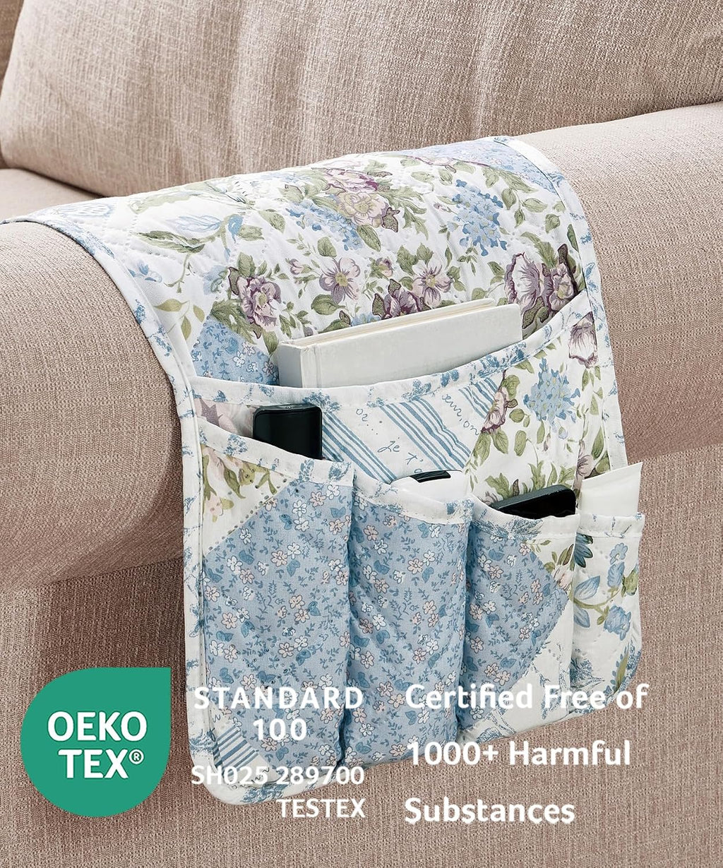 Brilliant Sunshine Blue Roses Patchwork Couch Armrest Organizer, 35"×13"