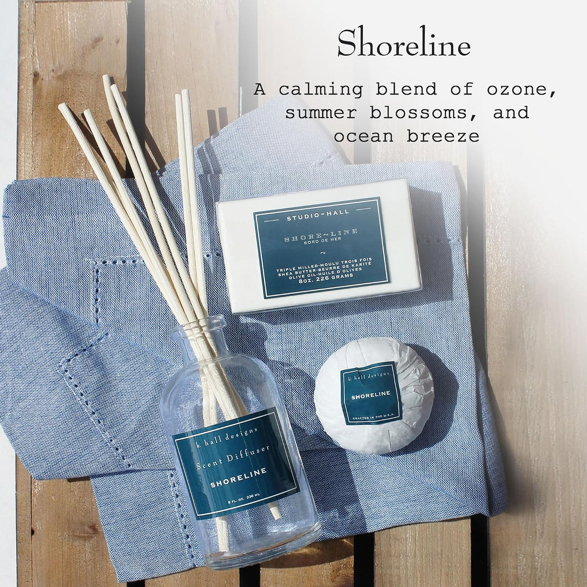 K. Hall Designs Shoreline Boxed Diffuser Kit, Calming Ocean-Inspired Scent