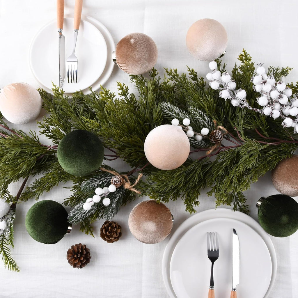 Christmas Tree Ornaments Velvet Balls - Pack of 15pcs Shatterproof Xmas Bulbs Decorations Set - Multicolor Green Brown Neutral, 80mm 3.15 inch