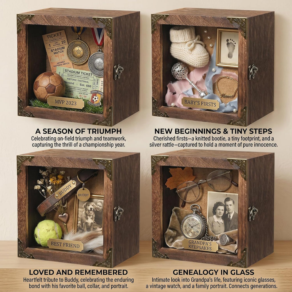 8x8 Deep Shadow Box Frame, 4.7" Depth Rustic Burnt Wood Display Case with Real Glass Door, Vintage Metal Corner Decor, Memory Box for Medals Photos Flowers Awards Wedding Keepsakes
