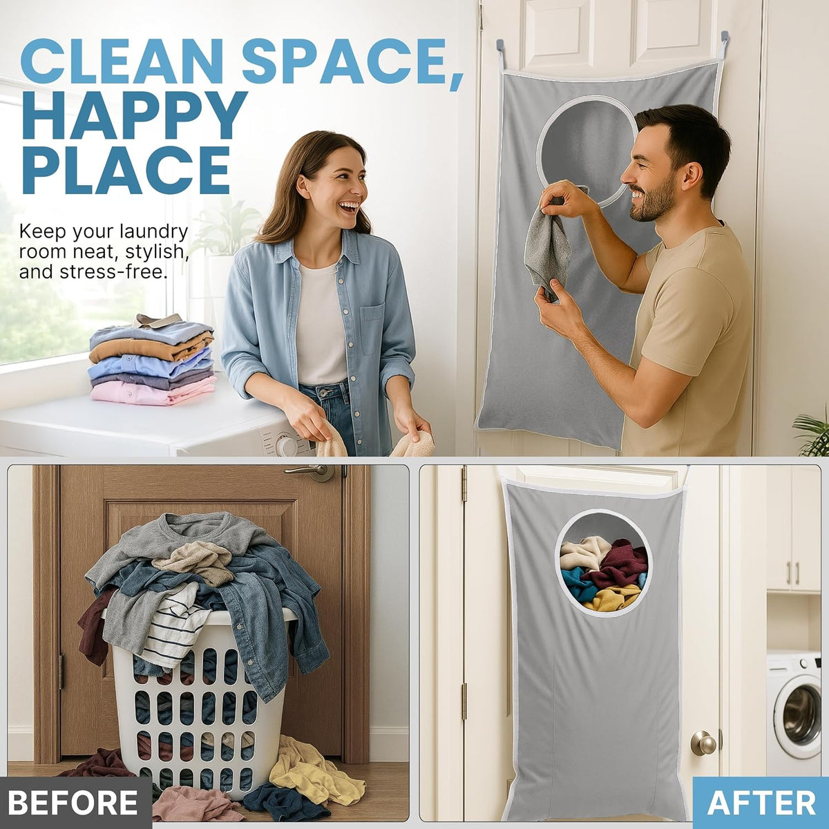Hanging Laundry Hamper Bag XL 40x22", Space Saving over the Door Storage Bags, Behind the Door Hampers for Dirty Clothes & Wall Mounted Basket for Bathroom