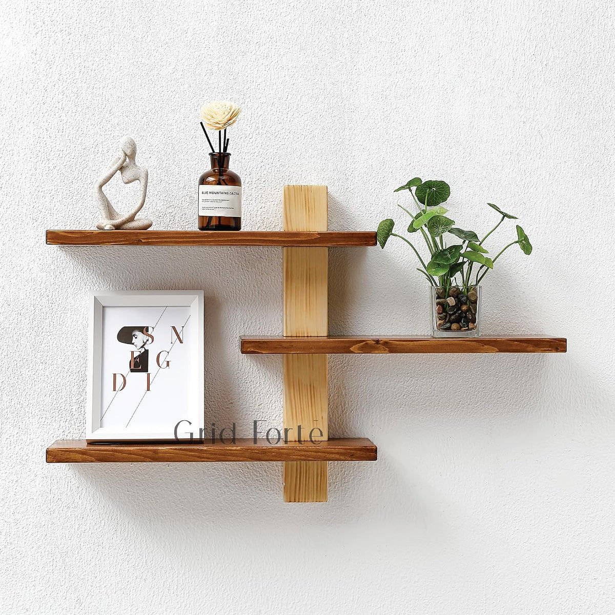 GRID FORTE Wood 3-Tier Floating Shelf, Large Minimalist Wall Shelves