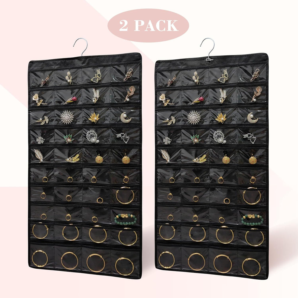 2 PACK (Each Pack 80 Pockets,Total 160 Pockets) Hanging Jewelry Organizer with Hanger Metal Hooks Storage On Wall Door Closet Double-Sided Jewelry Holder for Earrings, Necklaces, Rings (2 Pcs Black)