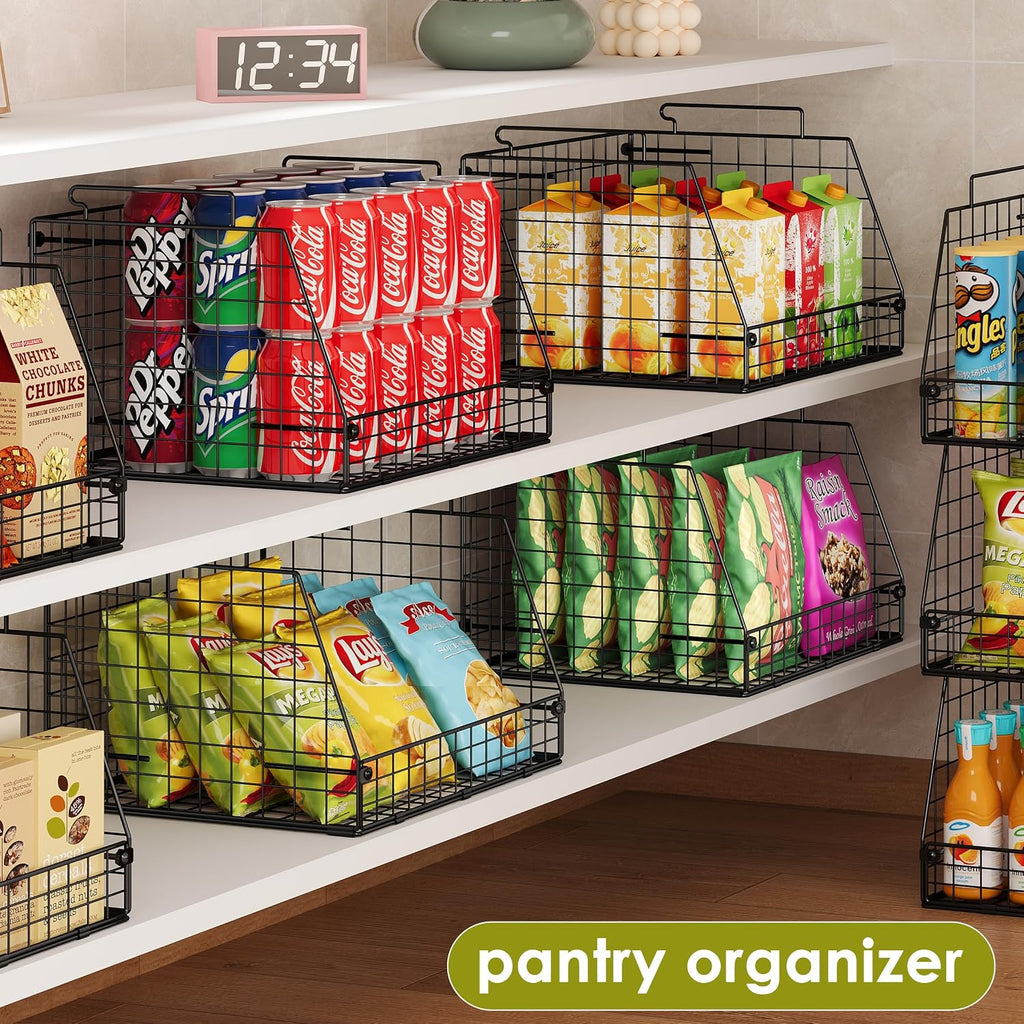 Jakyitvi 6 Pack Stackable Wire Baskets for Pantry,6 Pank Metal Pantry Organizer Storage Bins for Kitchen Snack, Fruit, Potato, Onion & Vegetable Storage, Wire Baskets for Pantry Organization