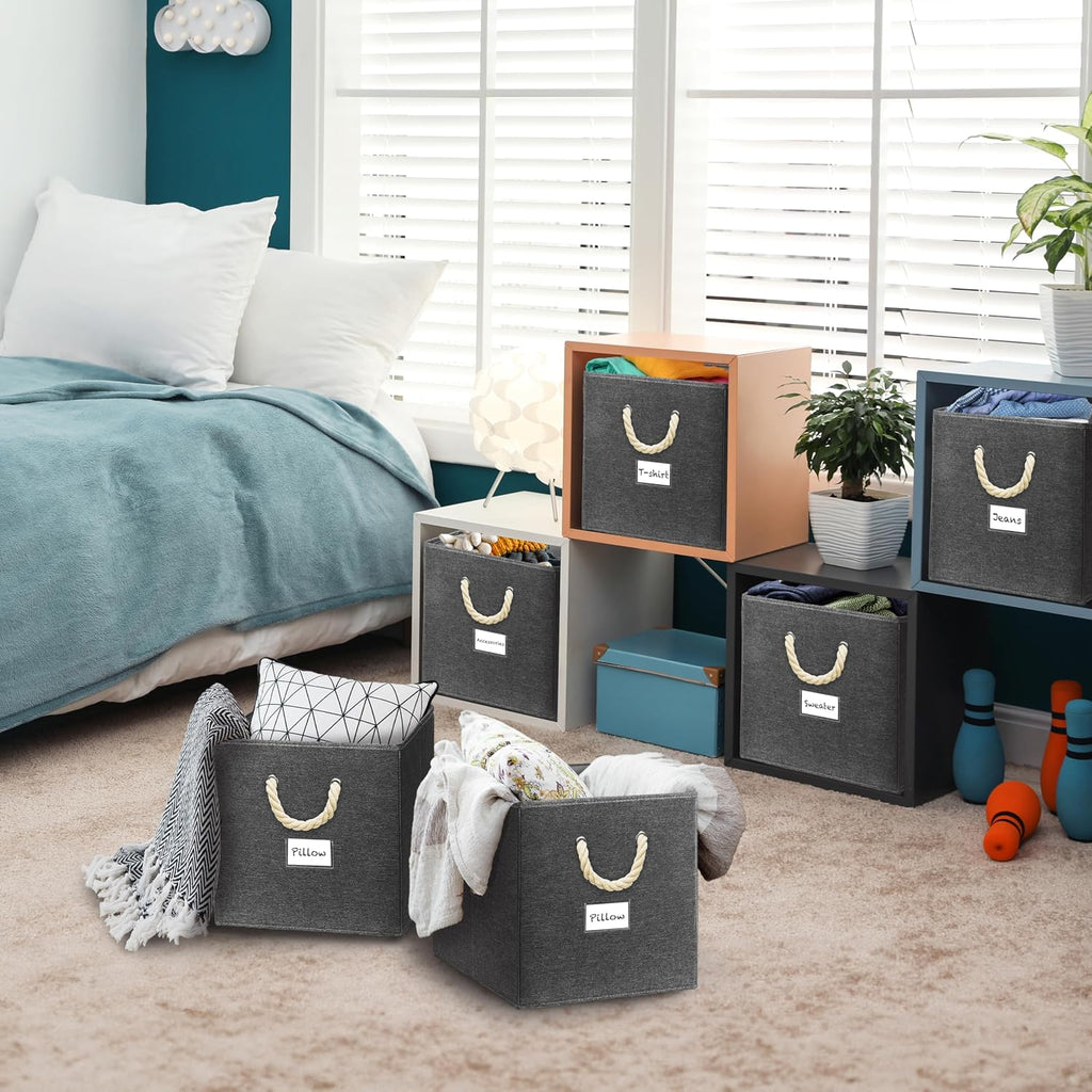 Simple Houseware 11-Inch Cube Storage Bin with Braided Handles, Dark Gray