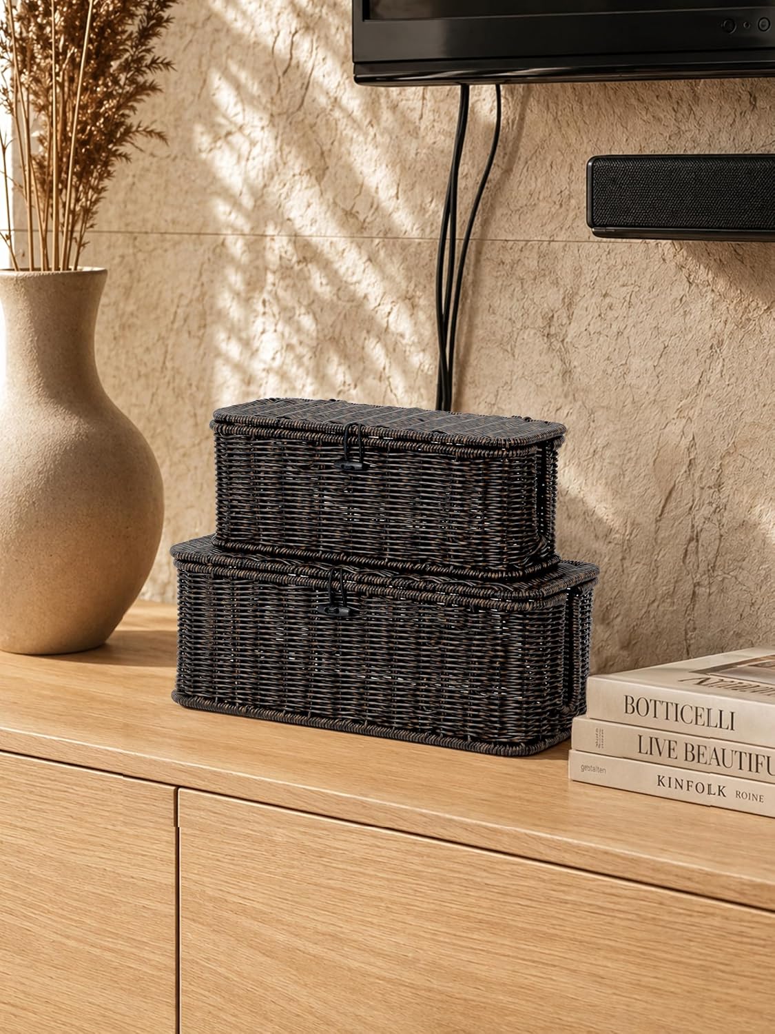 Cable Management Box, Cord Organizer with Lid & Cable Ties - Black, L