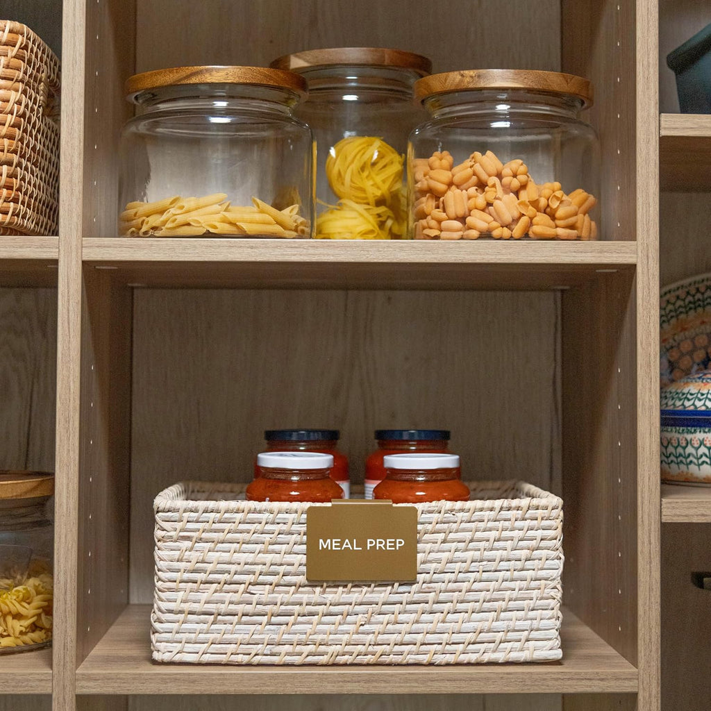 Storage Bin Label Holders Clip-On – 10 Pack Metal Basket Labels for Pantry, Baskets, Shelves & Organization Bins, 3.5” x 2.5” (Heritage Brass)