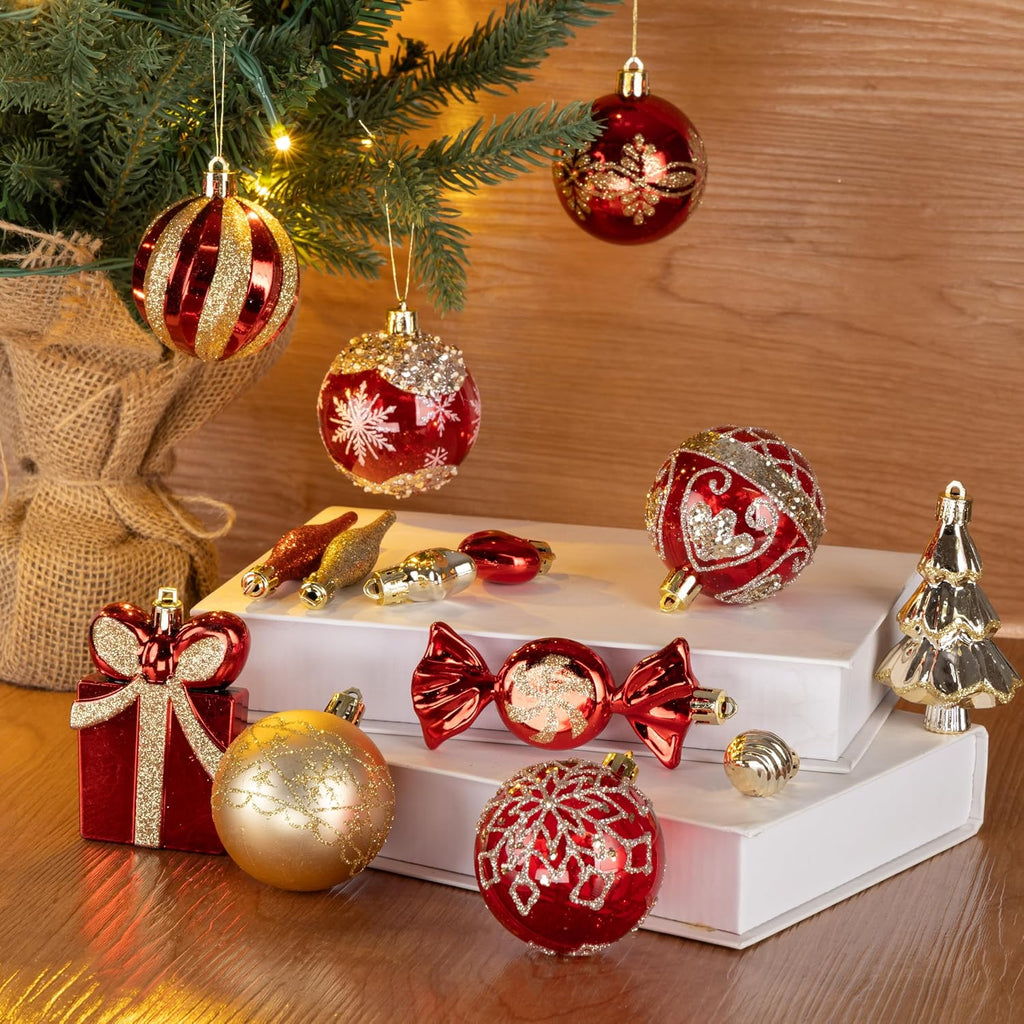 46PCS Christmas Ornament Set, Red and Gold Christmas Tree Decor