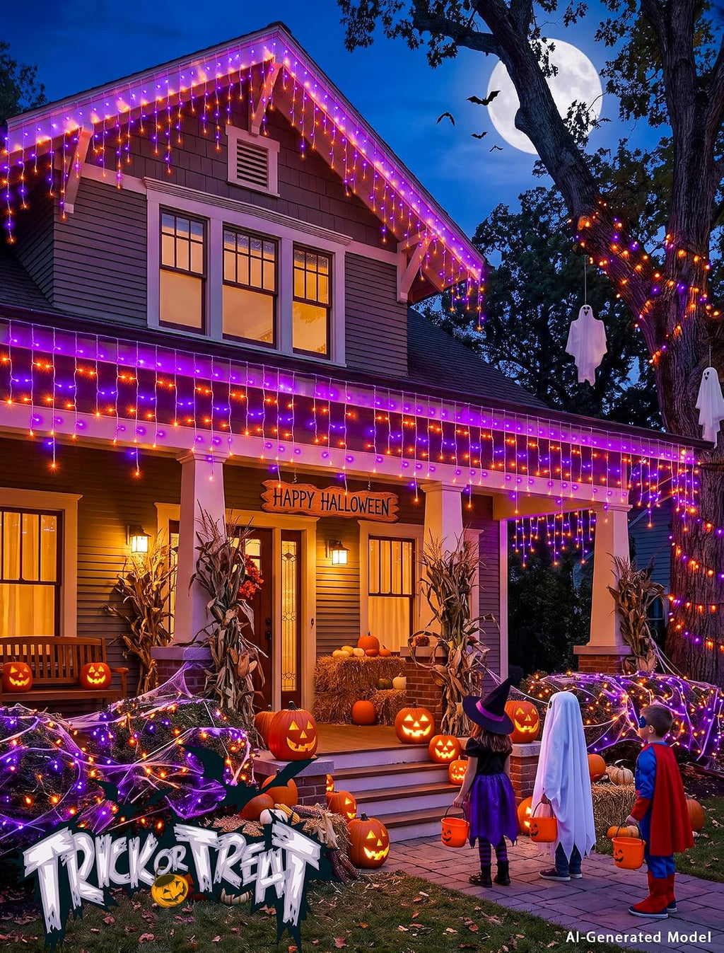 Halloween Icicle Lights Outdoor,300 LED Purple and Orange Lights