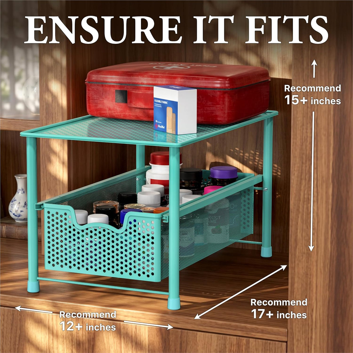 Simple Houseware Stackable Under Sink Sliding Basket Drawer, Turquoise