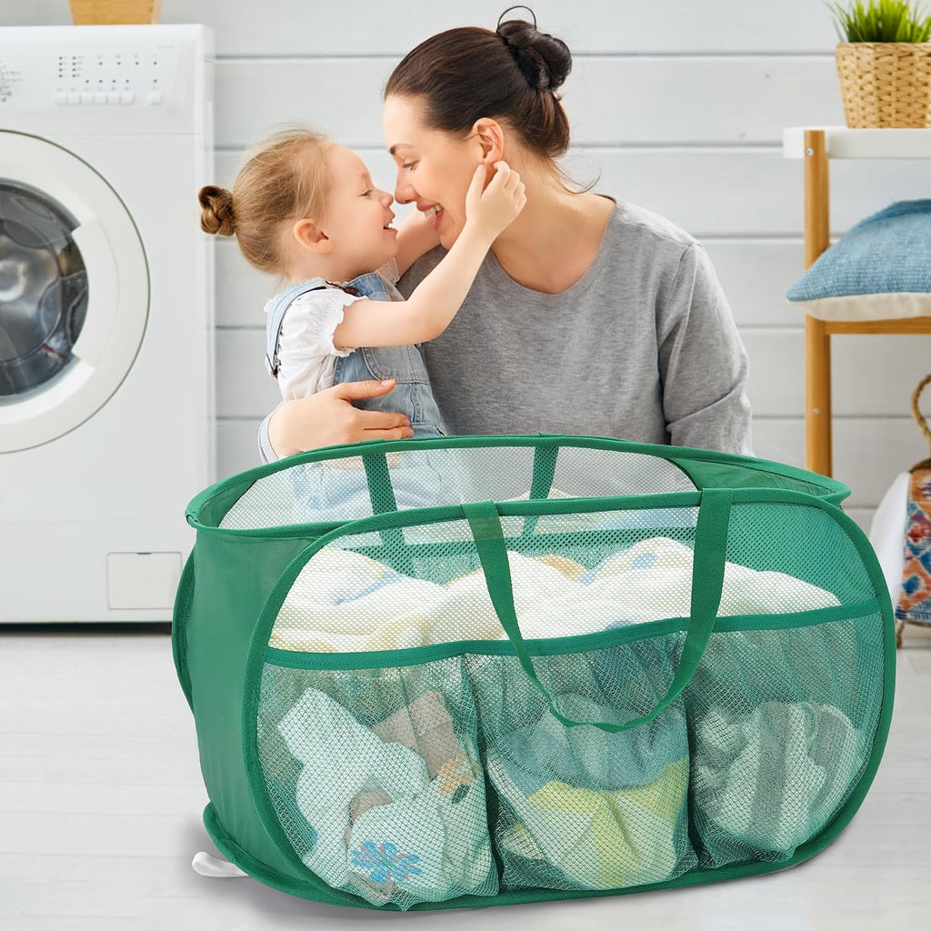 2 Pack Collapsible Laundry Baskets, Upgrade Pop Up Laundry Hamper with Convenient Bags, Foldable Laundry Basket Mesh Light Weight, Easy to Carry Clothes Hampers for Laundry, Dorm, Toys, Travel Green