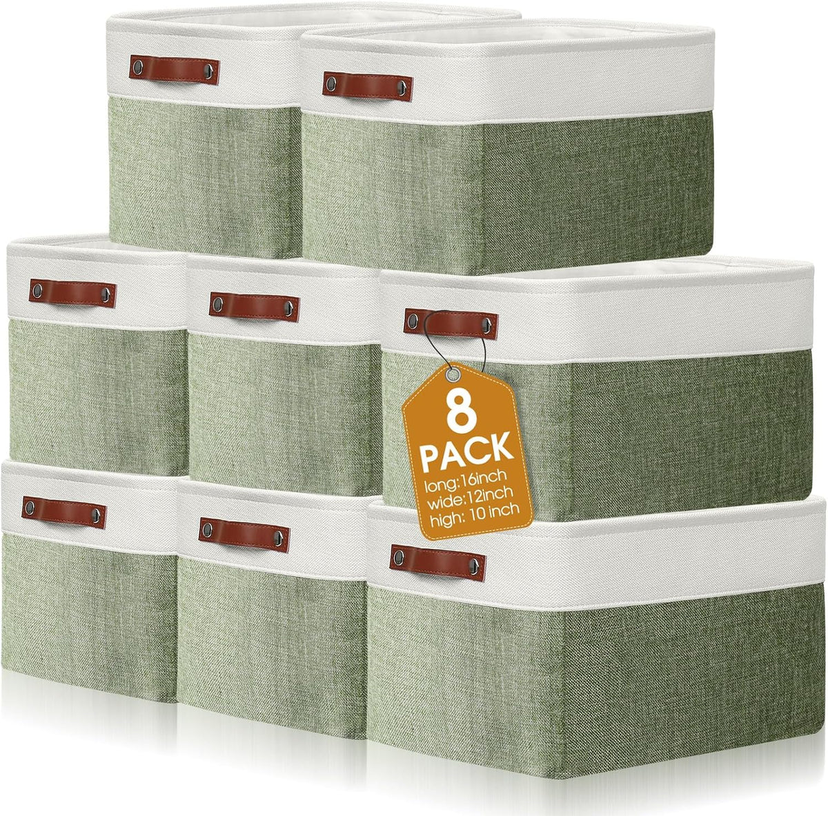 Uiifan 16 x 12 x 10 Inch 8 Pack Fabric Storage Baskets with Handles, Green